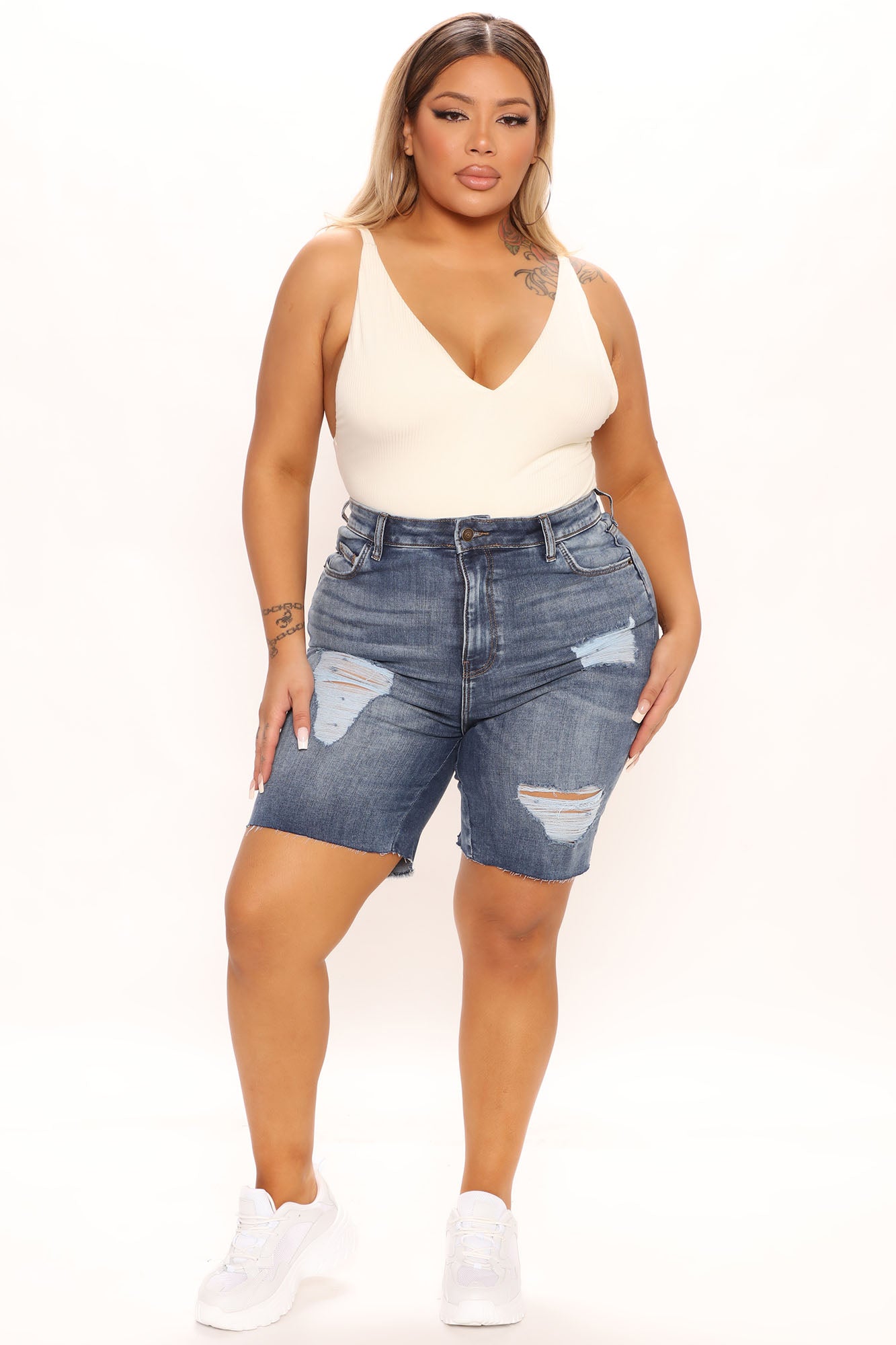 Call Me Stretch Denim Bermuda Shorts - Medium Blue Wash Ins Street