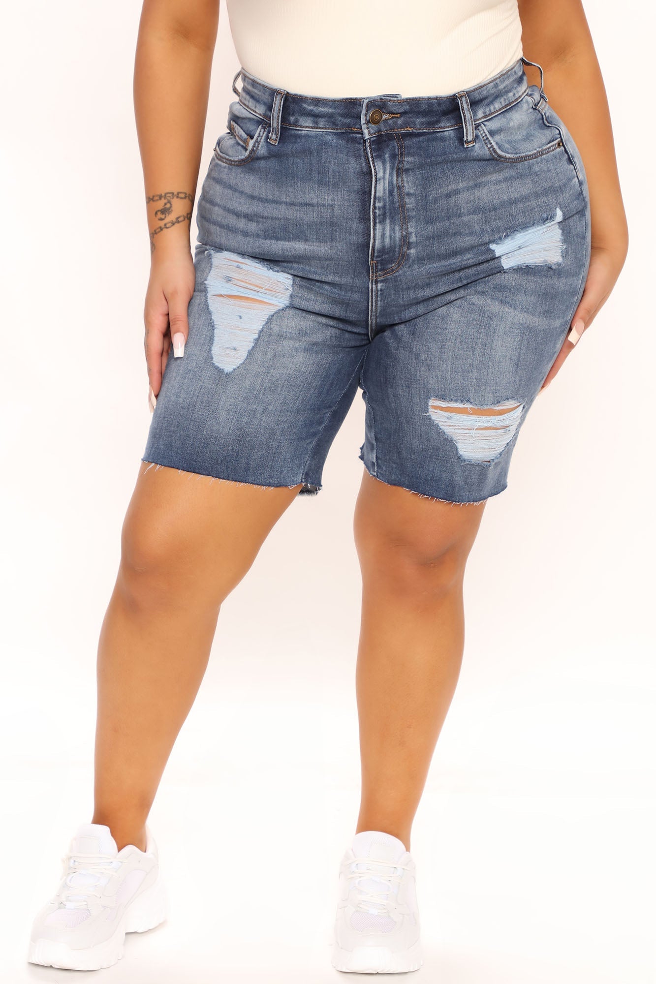 Call Me Stretch Denim Bermuda Shorts - Medium Blue Wash Ins Street