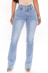 Exposed Double Button Bootcut Jeans - Light Blue Wash Ins Street