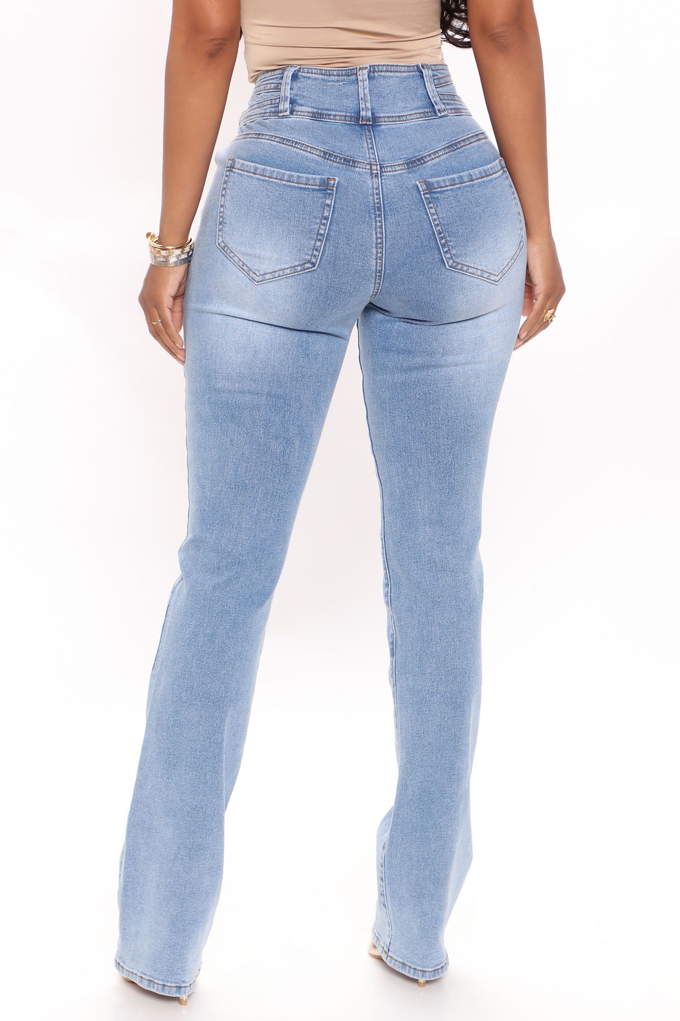 Exposed Double Button Bootcut Jeans - Light Blue Wash Ins Street