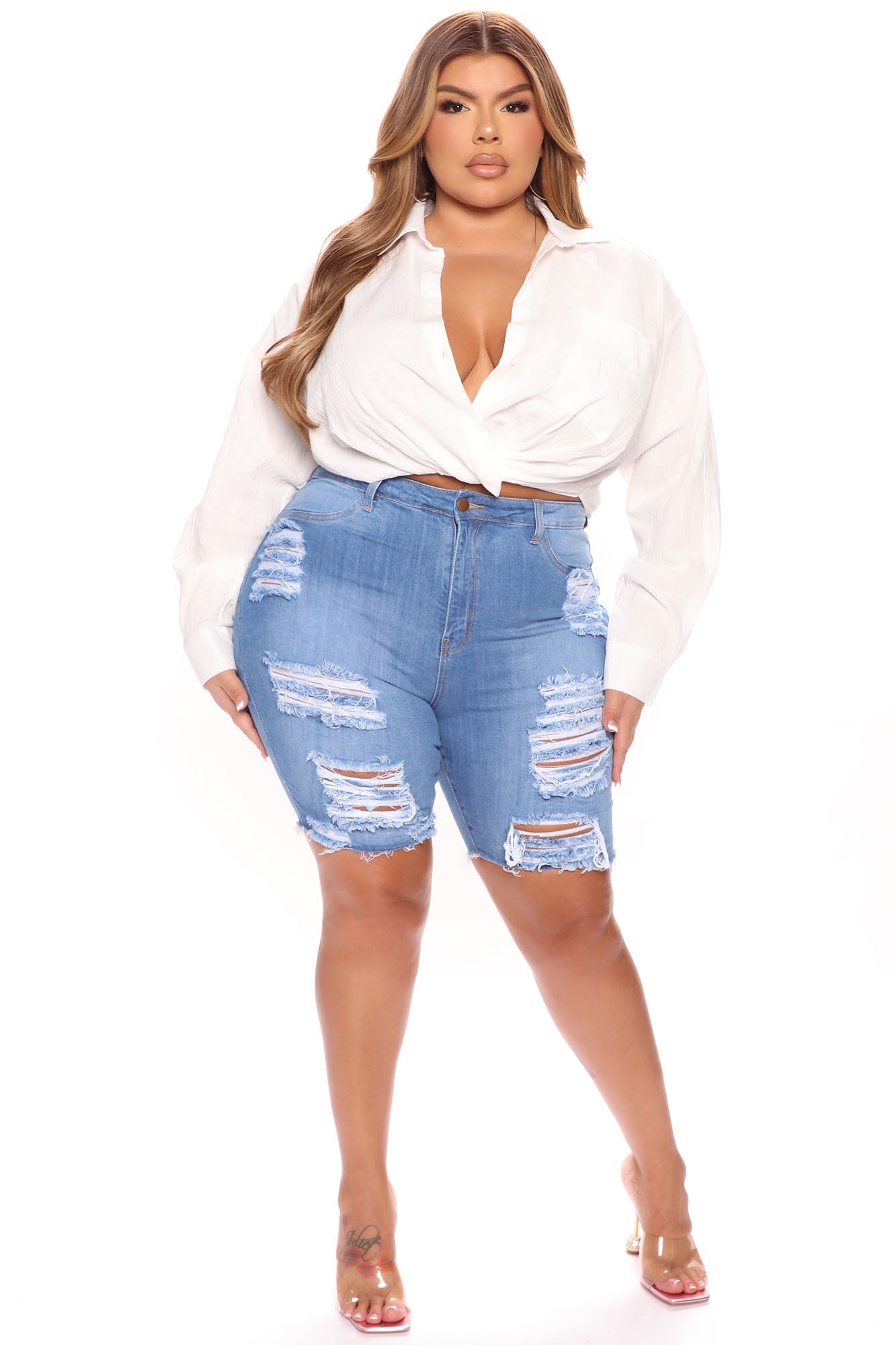 I'll be Waiting Stretch Bermuda Shorts - Medium Blue Wash Ins Street