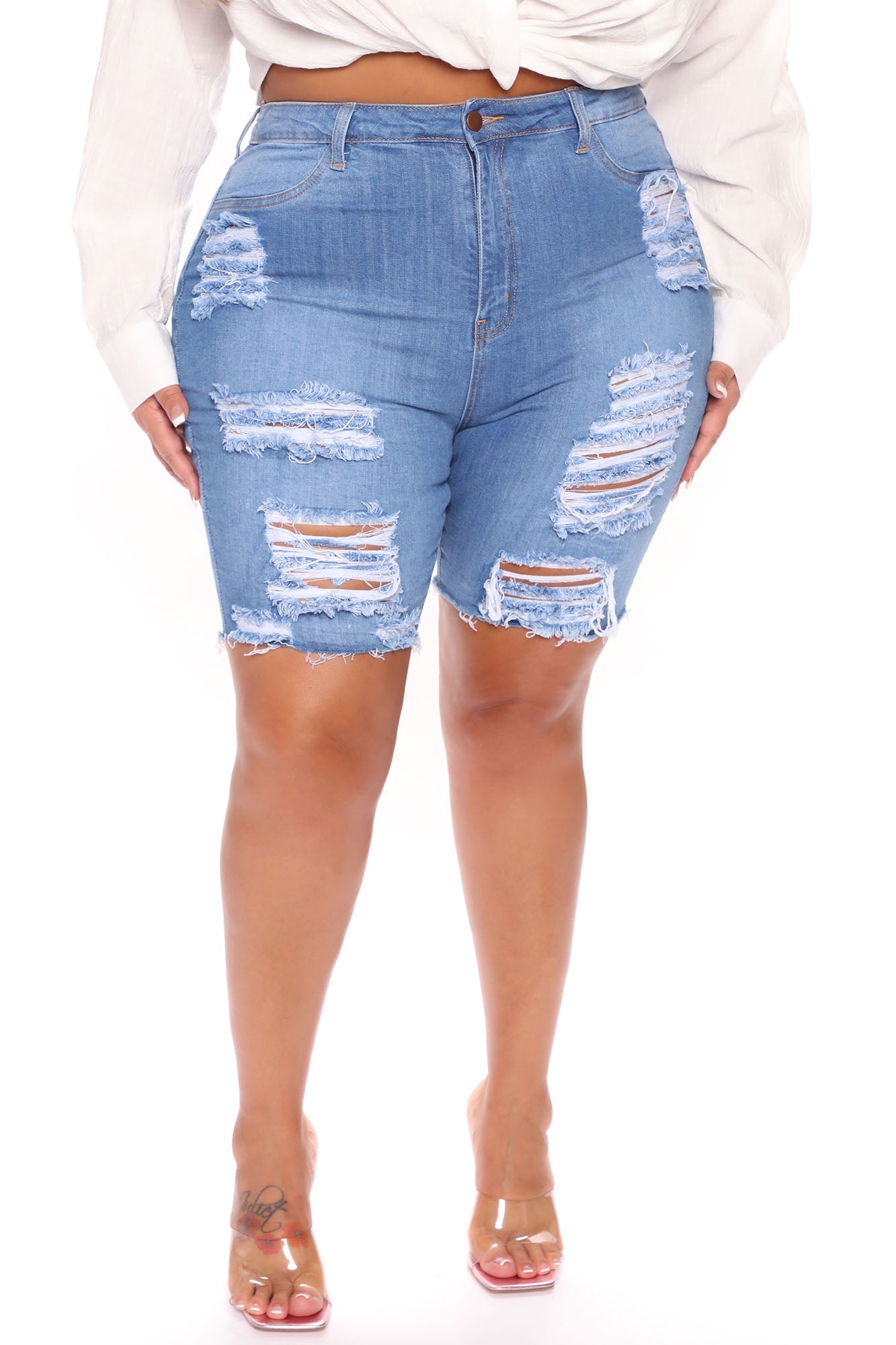 I'll be Waiting Stretch Bermuda Shorts - Medium Blue Wash Ins Street