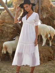 Swiss Dot Lace Trim Maxi Dress 2023-03-14 InsStreet