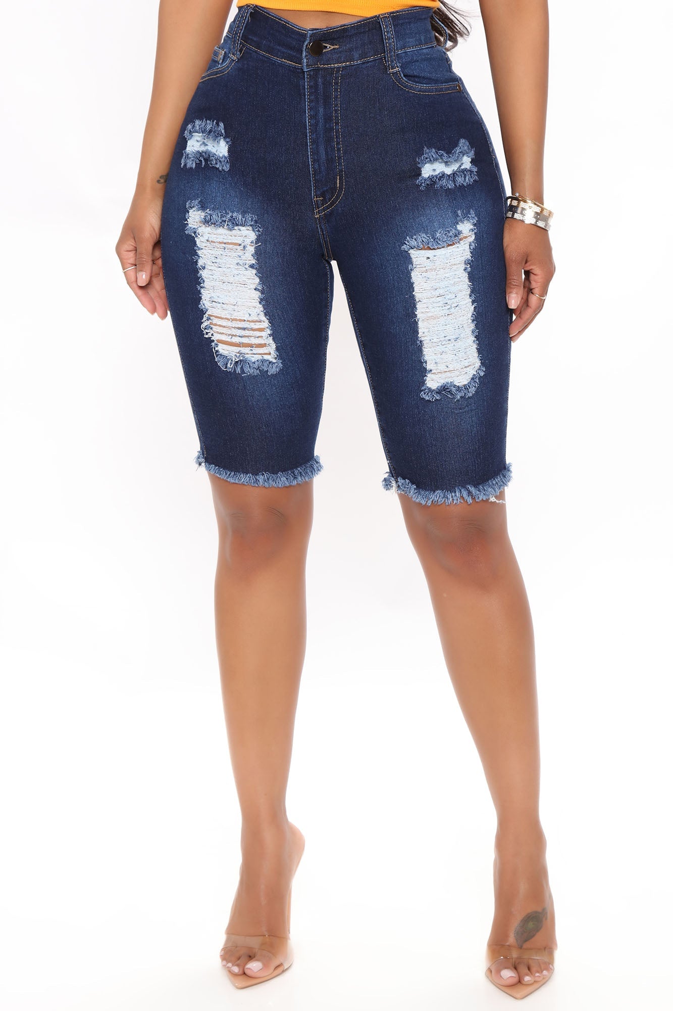 Dirty Little Secret Distressed Bermuda Shorts - Dark Wash Ins Street
