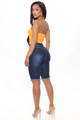 Dirty Little Secret Distressed Bermuda Shorts - Dark Wash Ins Street