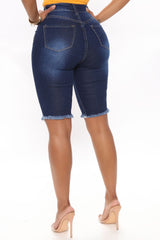 Dirty Little Secret Distressed Bermuda Shorts - Dark Wash Ins Street