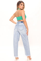 Doin' It Right Foldover Straight Leg Jeans - Medium Blue Wash Ins Street