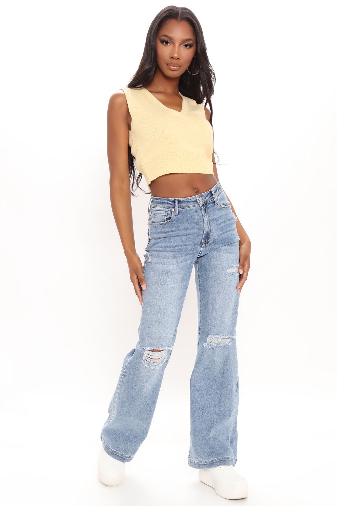 Longing For You Distressed Wide Leg Jeans - Medium Blue Wash Ins Street