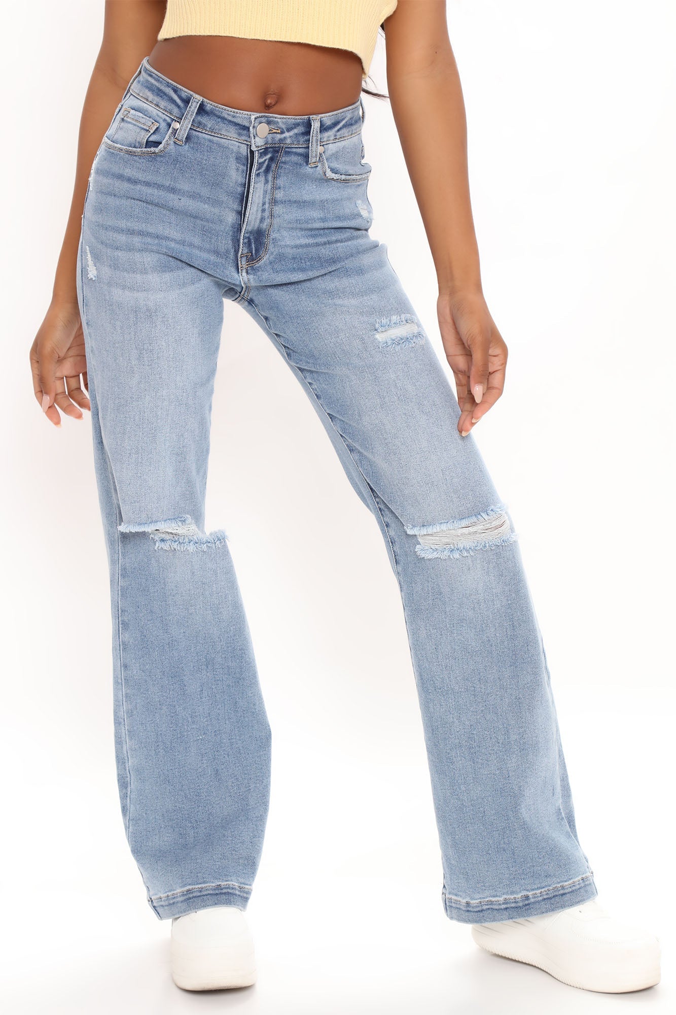 Longing For You Distressed Wide Leg Jeans - Medium Blue Wash Ins Street