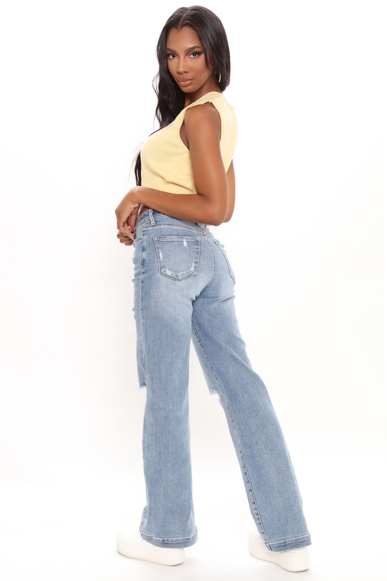 Longing For You Distressed Wide Leg Jeans - Medium Blue Wash Ins Street