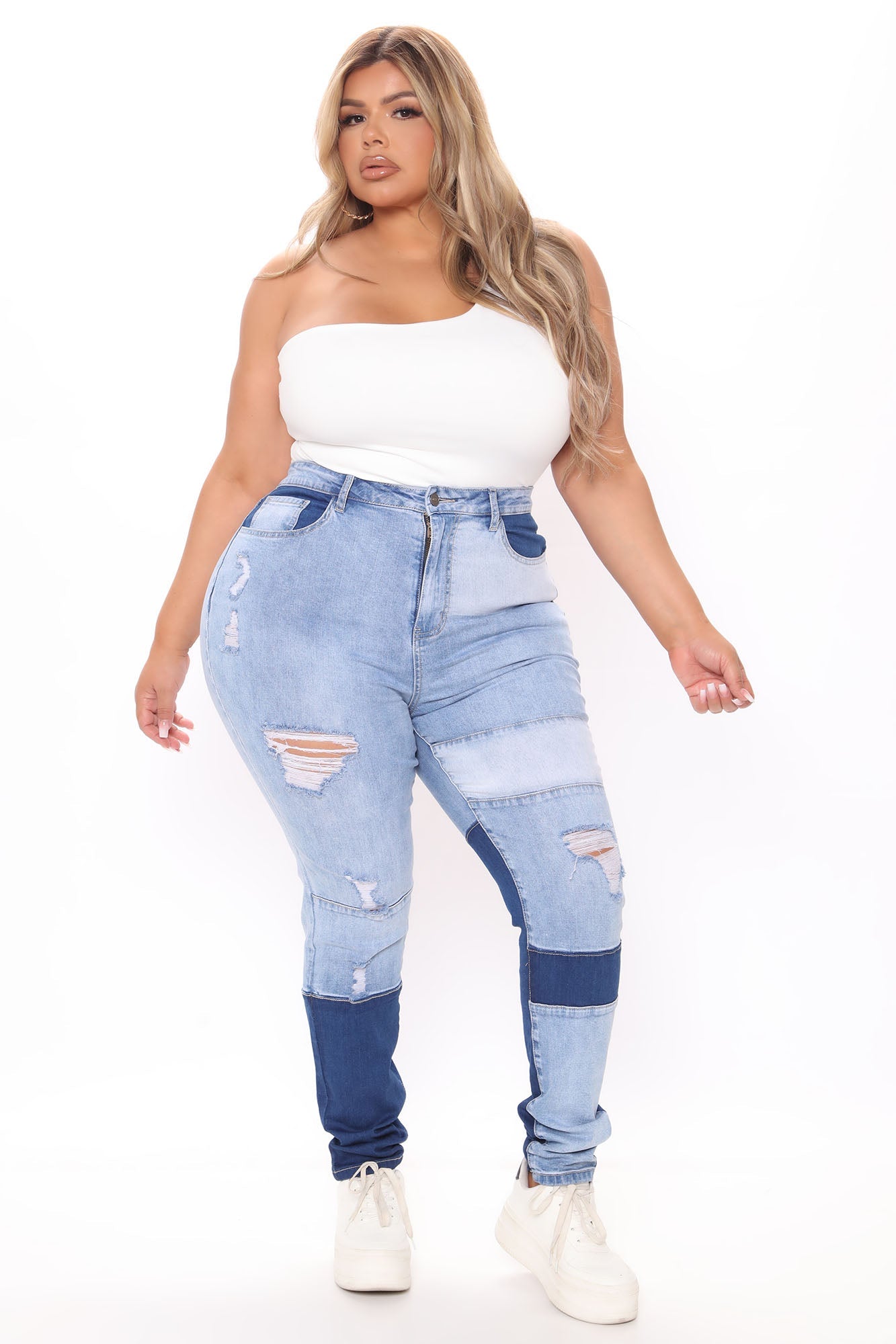 Magic Touch Stretch Patchwork Skinny Jeans - Medium Blue Wash Ins Street