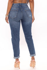 Too Fancy Distressed Mom Jeans - Medium Blue Wash Ins Street