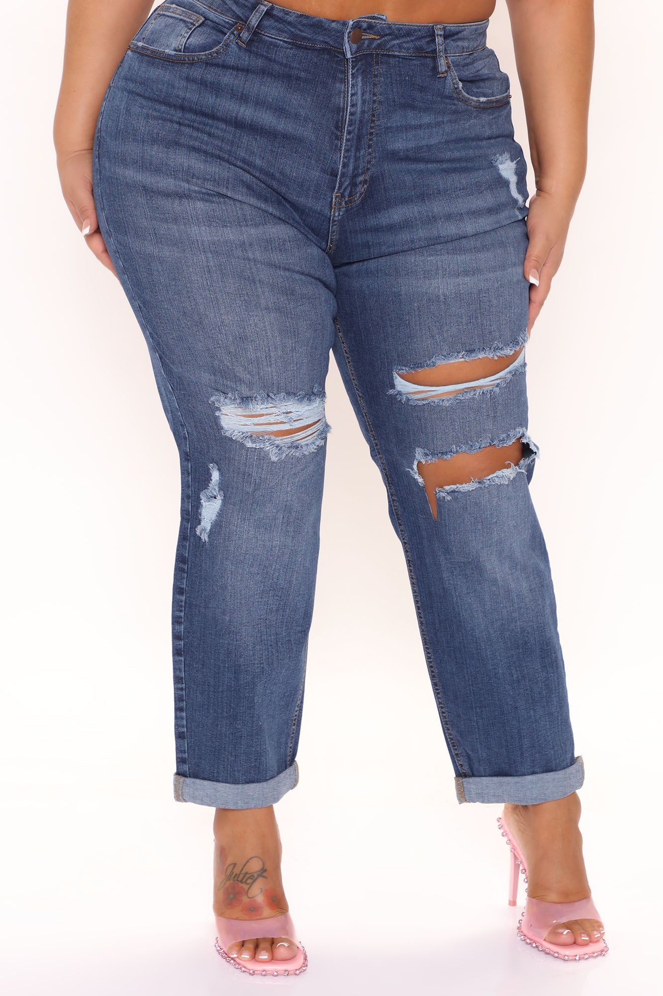 Too Fancy Distressed Mom Jeans - Medium Blue Wash Ins Street
