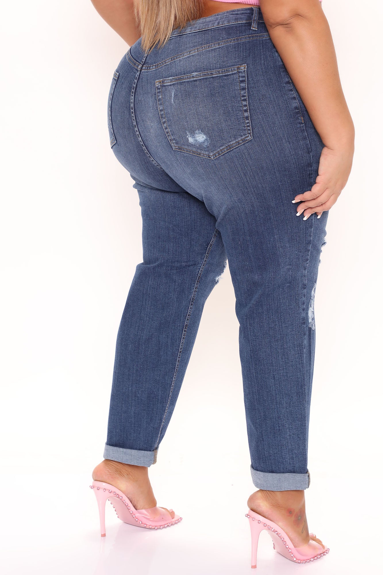 Too Fancy Distressed Mom Jeans - Medium Blue Wash Ins Street