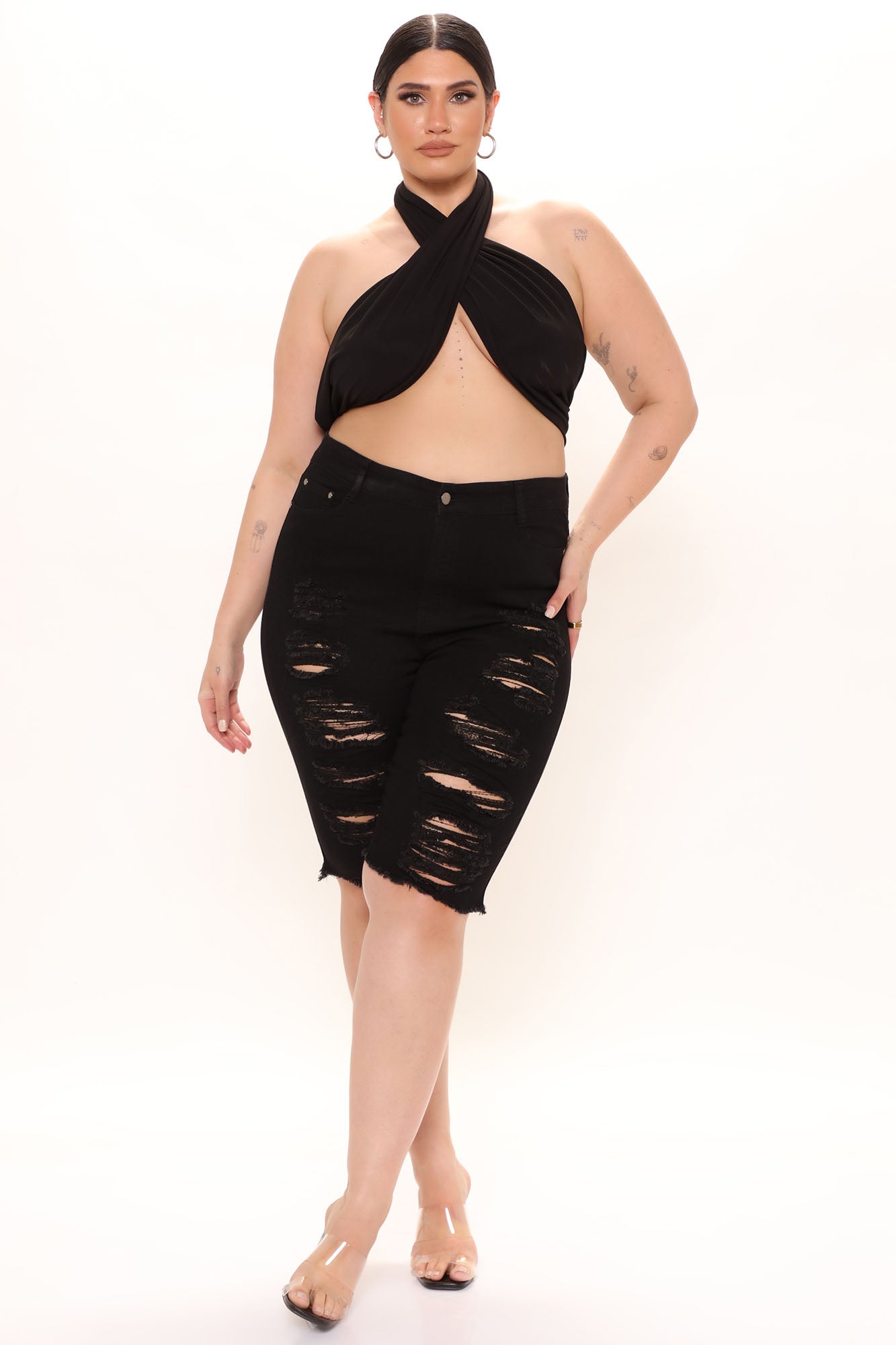 See Me Now Distressed Bermuda Shorts - Black Ins Street