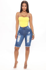 Dirty Little Secret Distressed Bermuda Shorts - Medium Blue Wash Ins Street