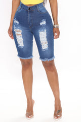 Dirty Little Secret Distressed Bermuda Shorts - Medium Blue Wash Ins Street