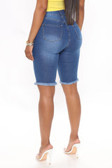 Dirty Little Secret Distressed Bermuda Shorts - Medium Blue Wash Ins Street