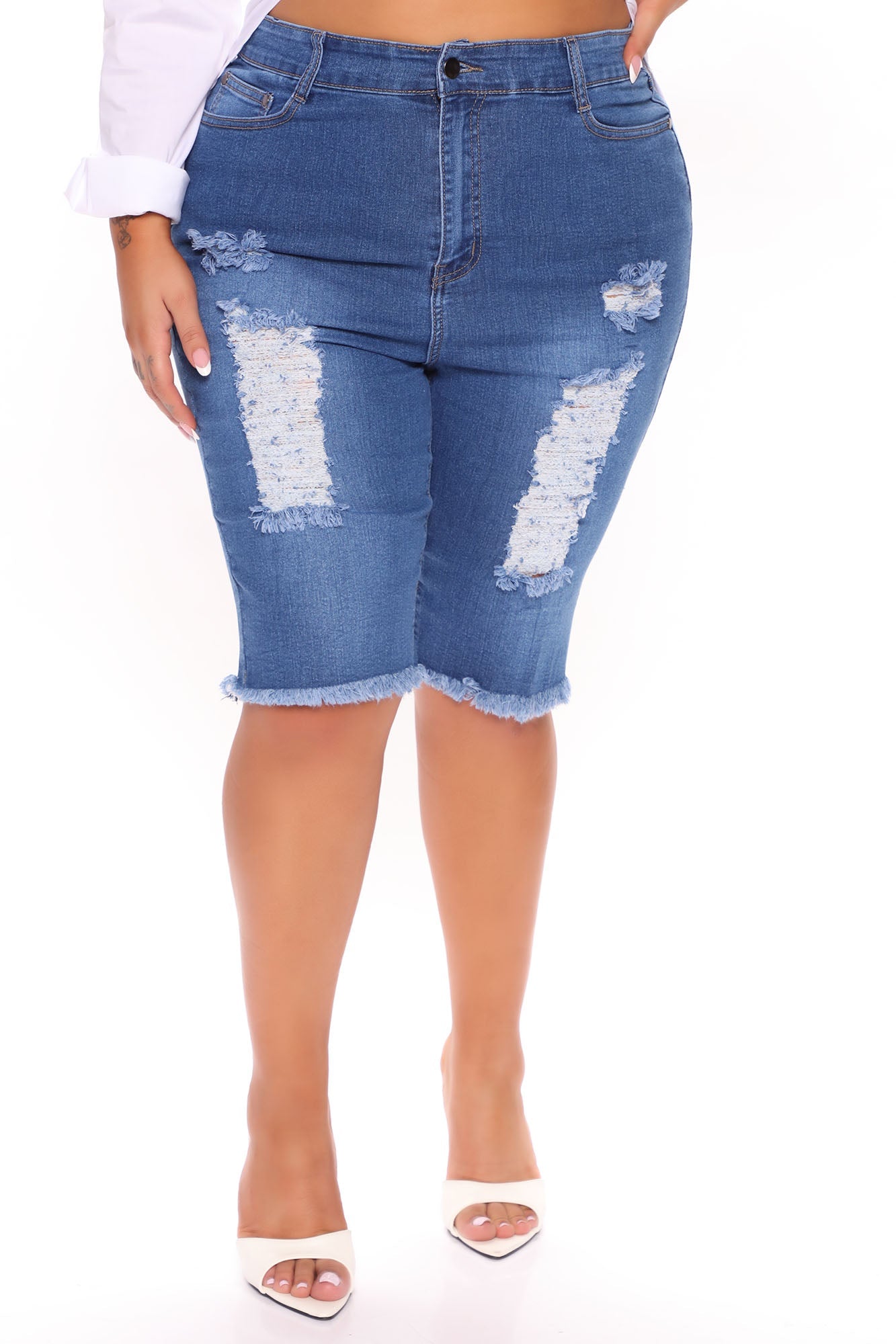 Dirty Little Secret Distressed Bermuda Shorts - Medium Blue Wash Ins Street