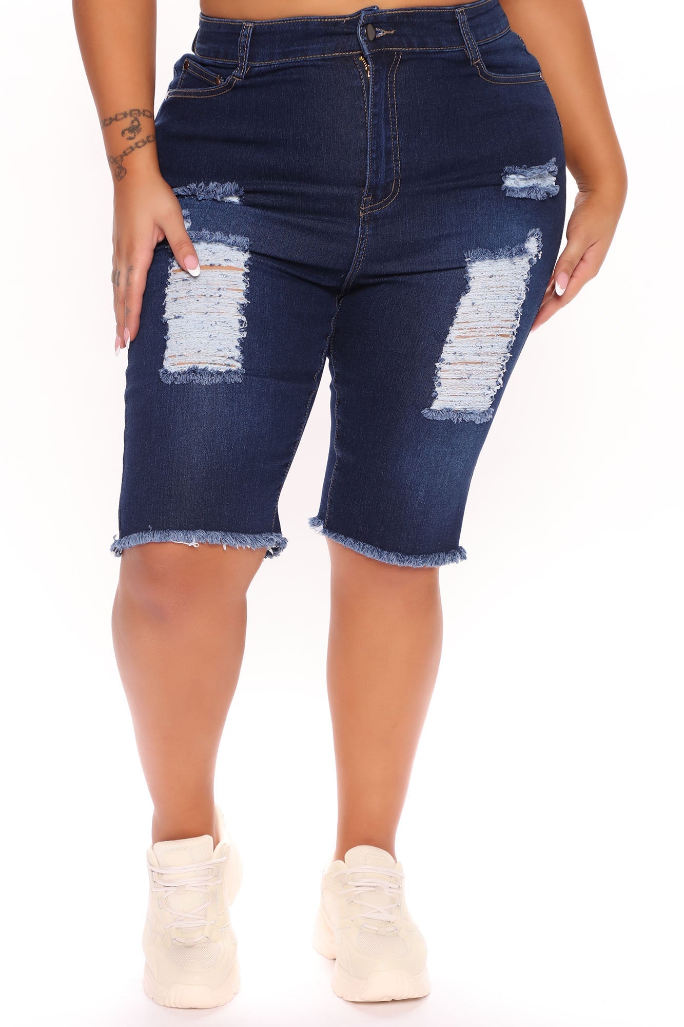 Dirty Little Secret Distressed Bermuda Shorts - Dark Wash Ins Street