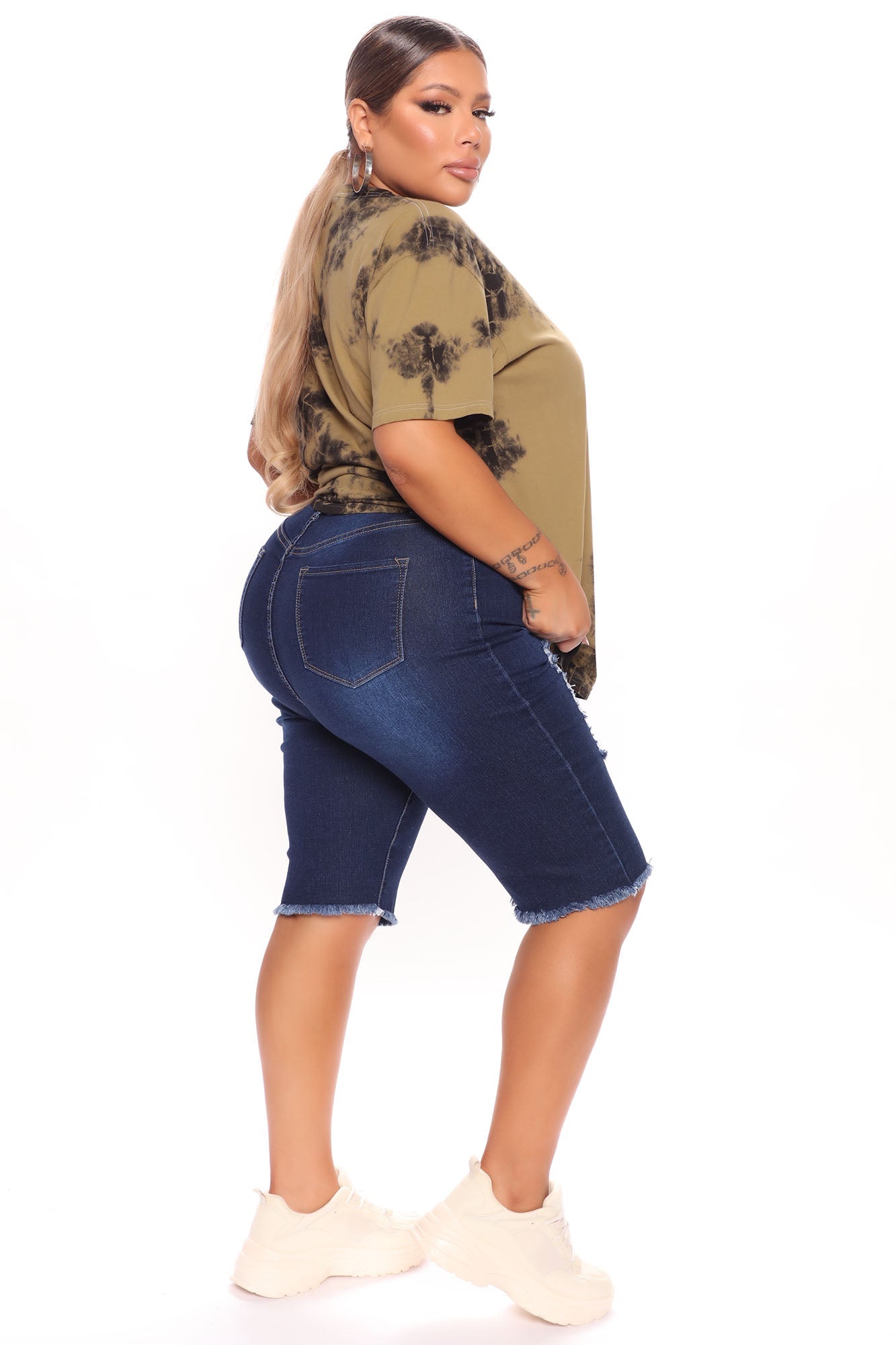 Dirty Little Secret Distressed Bermuda Shorts - Dark Wash Ins Street