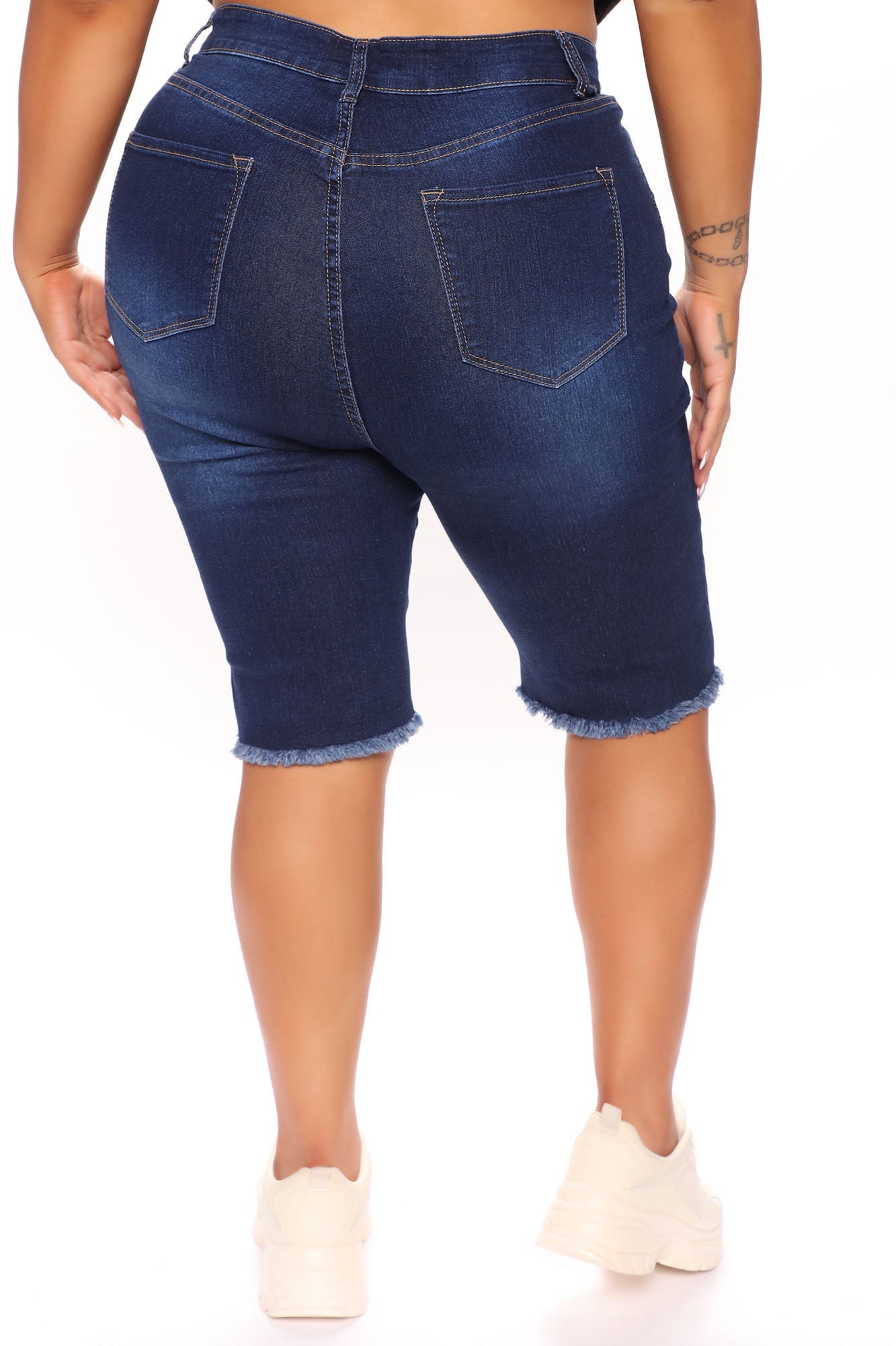 Dirty Little Secret Distressed Bermuda Shorts - Dark Wash Ins Street