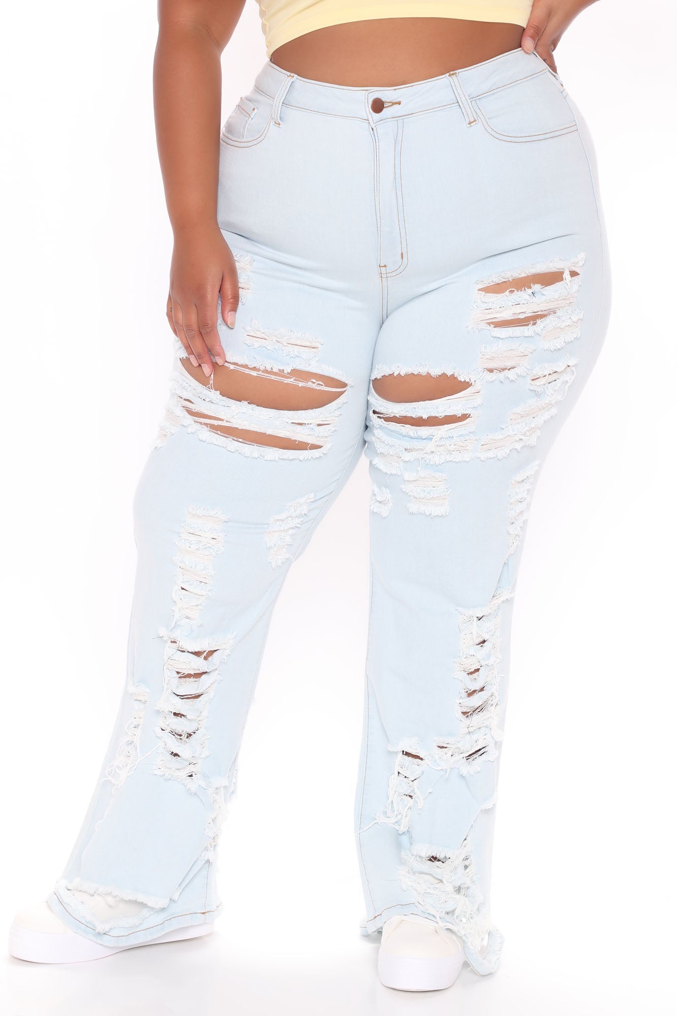 Shagadelic Destroyed Stretch Flare Jeans - Light Blue Wash Ins Street