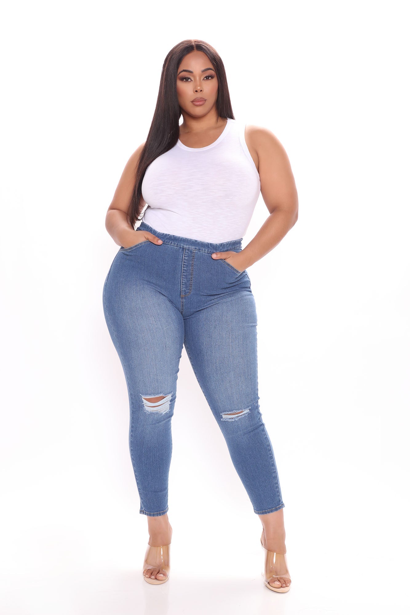 Talk It Out Stretch Pull On Jeggings - Medium Blue Wash Ins Street