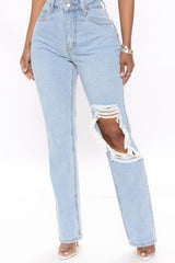 Call Me High Rise Booty Rip Straight Leg Jeans - Light Blue Wash Ins Street