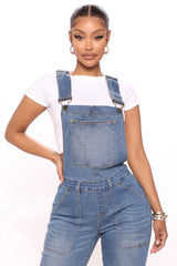 Move Over Stretch Skinny Overalls - Medium Blue Wash Ins Street