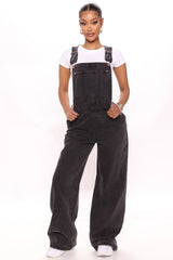What's The Rush Slouchy Denim Overalls - Black Ins Street