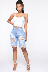 Victory Is Mine Denim Long Line Shorts - Light Blue Wash Ins Street