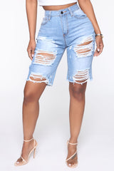 Victory Is Mine Denim Long Line Shorts - Light Blue Wash Ins Street