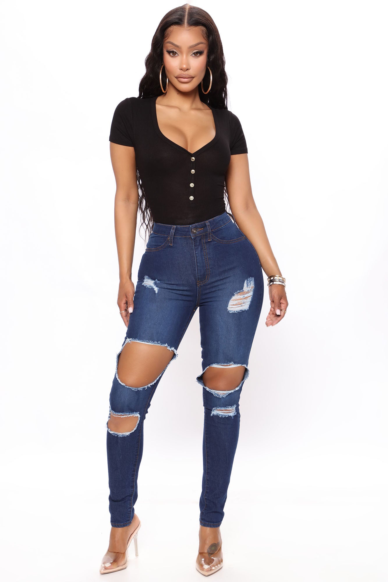 Needing More Destroyed High Rise Jegging Jeans - Dark Wash Ins Street