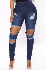 Needing More Destroyed High Rise Jegging Jeans - Dark Wash Ins Street