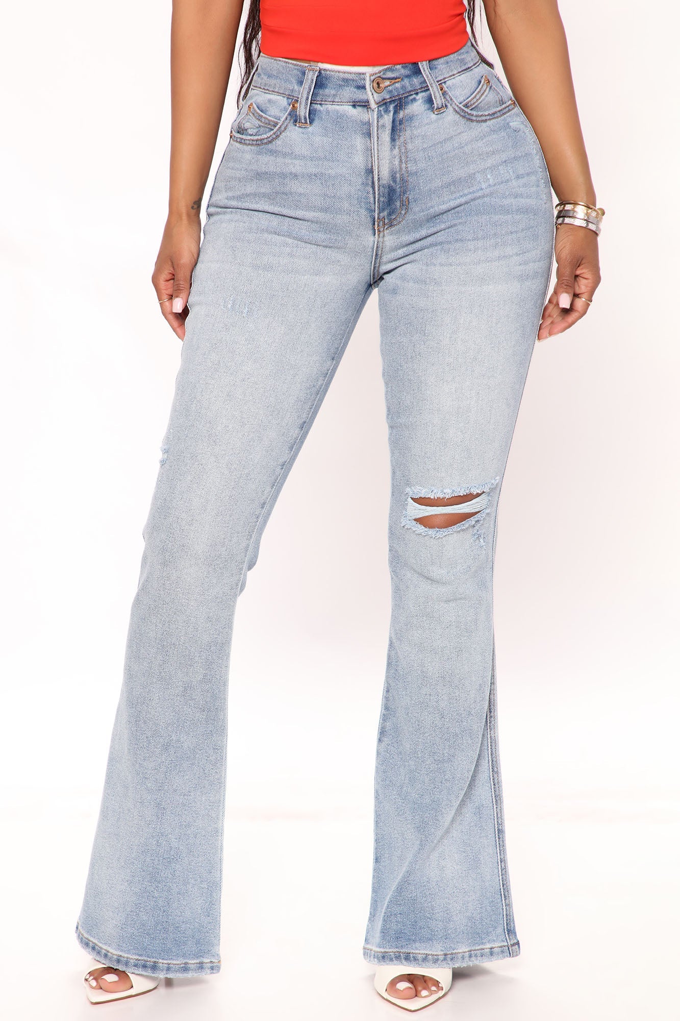 Two Step Distressed Flare Jeans - Light Blue Wash Ins Street