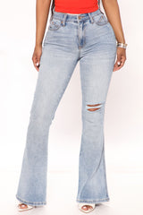 Two Step Distressed Flare Jeans - Light Blue Wash Ins Street