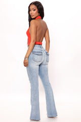 Two Step Distressed Flare Jeans - Light Blue Wash Ins Street