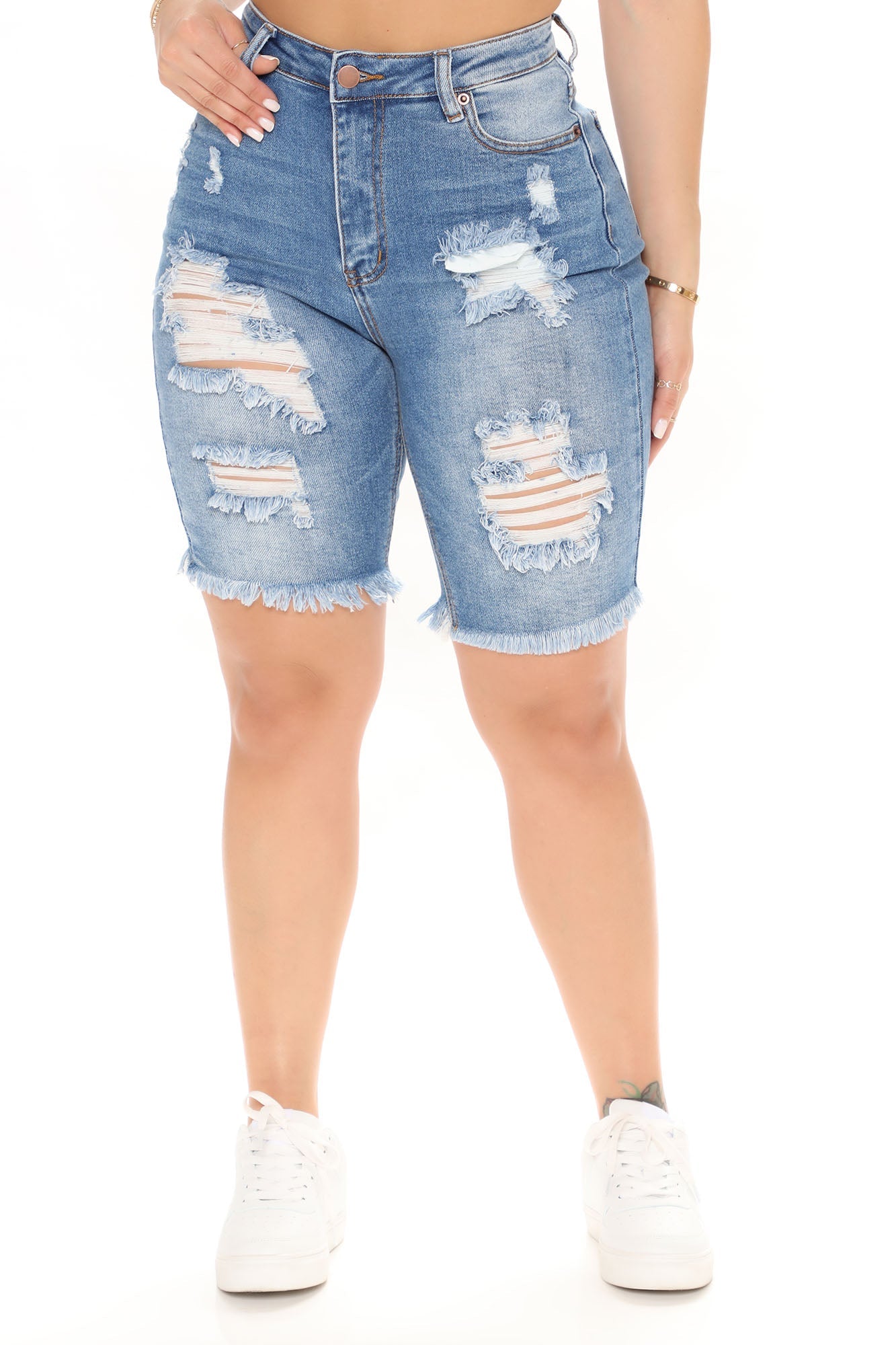 Outta Time Stretch Ripped Denim Bermudas - Medium Blue Wash Ins Street