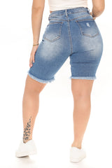 Outta Time Stretch Ripped Denim Bermudas - Medium Blue Wash Ins Street