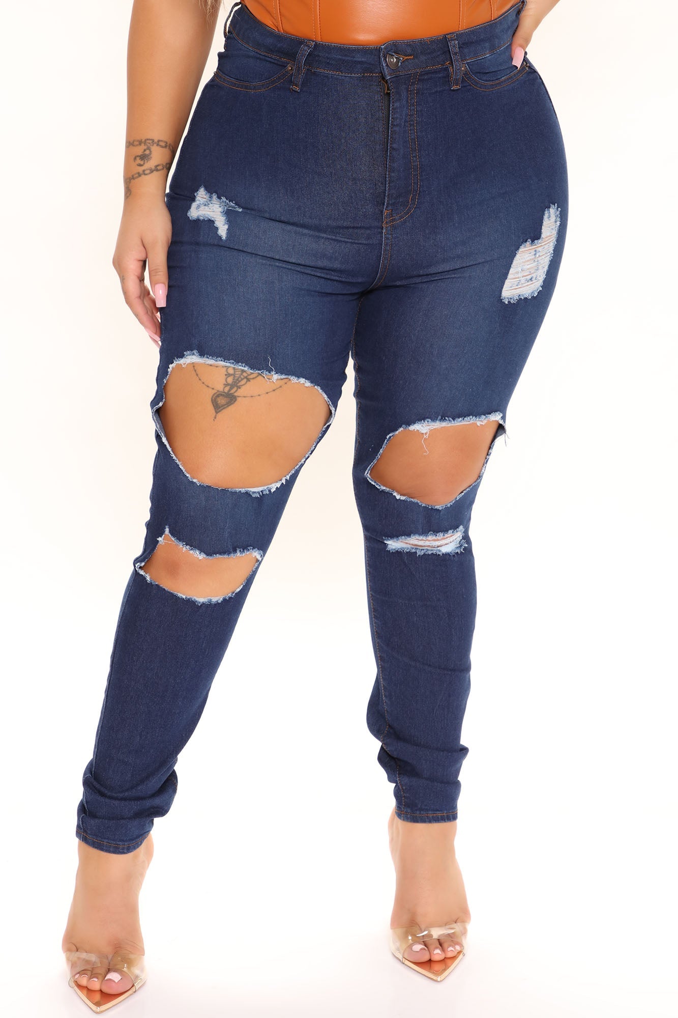 Needing More Destroyed High Rise Jegging Jeans - Dark Wash Ins Street