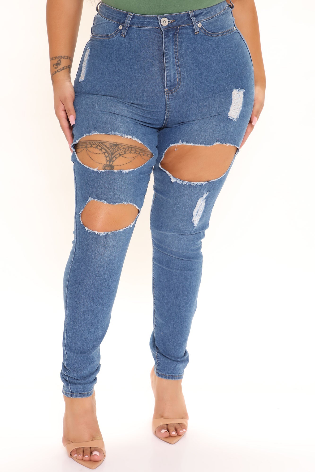 Needing More Destroyed High Rise Jegging Jeans - Medium Blue Wash Ins Street