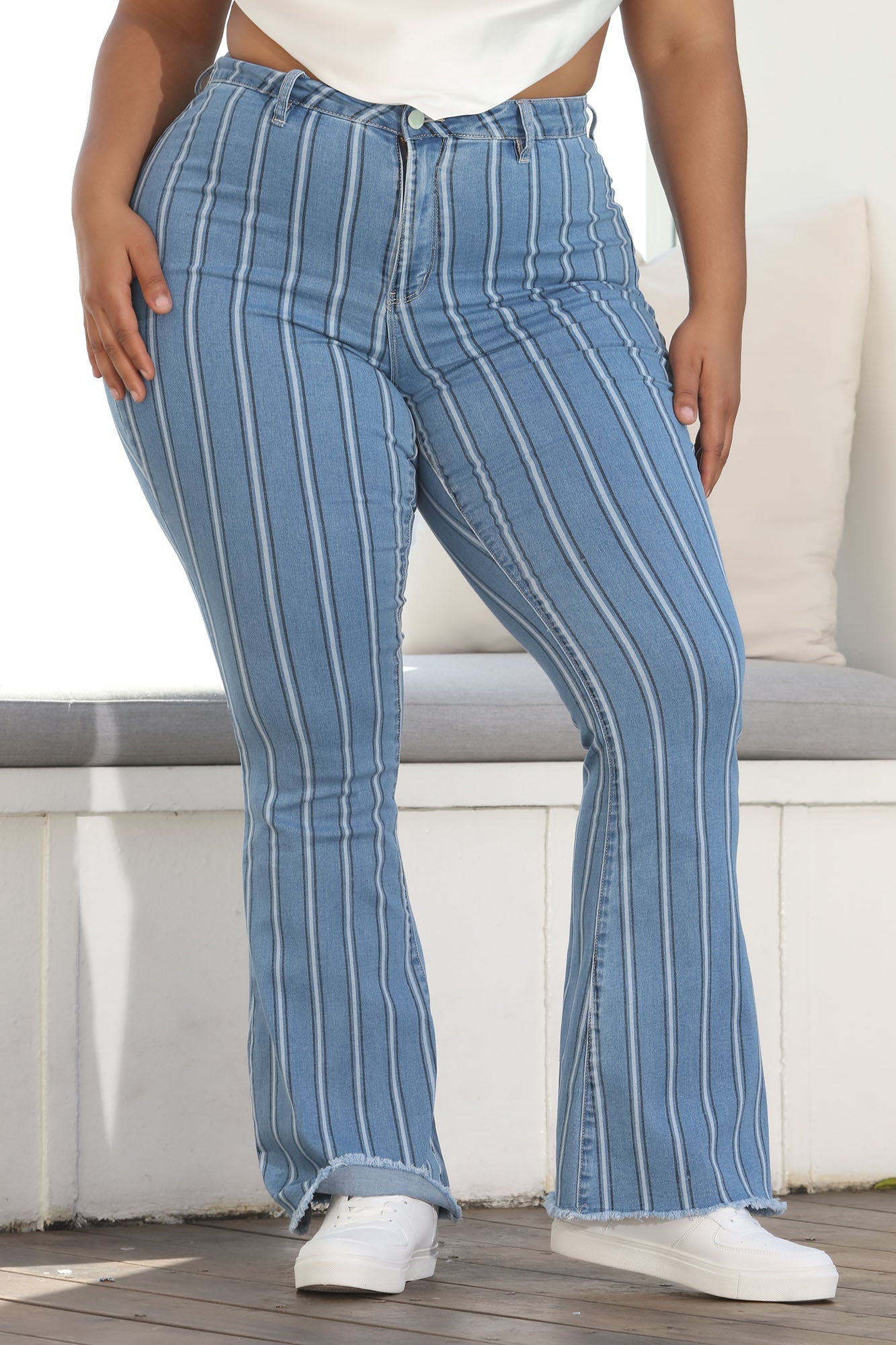 Valentina Stripe High Rise Flare Jeans - Medium Blue Wash Ins Street