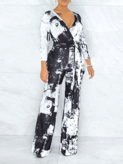 Tie-Dye V-Neck Long Sleeve Belt Wide Leg Jumpsuit Ins Street