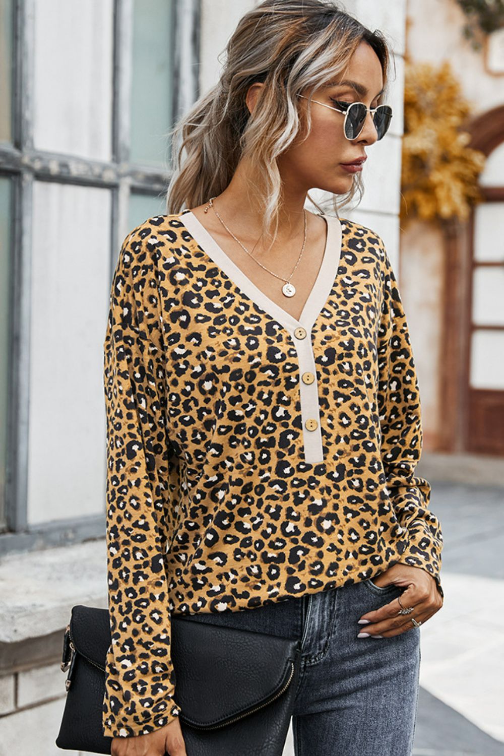 Leopard Buttoned Contrast Trim Top Ins Street