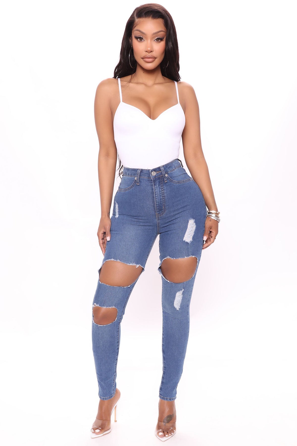 Needing More Destroyed High Rise Jegging Jeans - Medium Blue Wash Ins Street