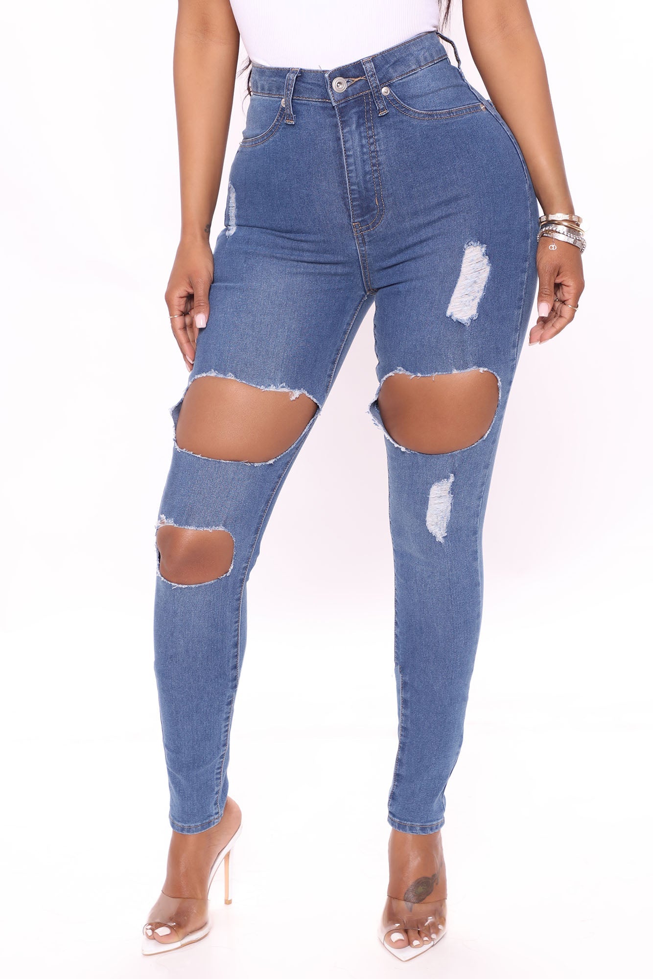 Needing More Destroyed High Rise Jegging Jeans - Medium Blue Wash Ins Street