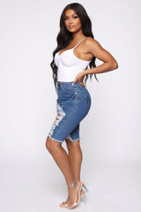 Mellow Out Distressed Bermuda Shorts - Medium Blue Wash Ins Street