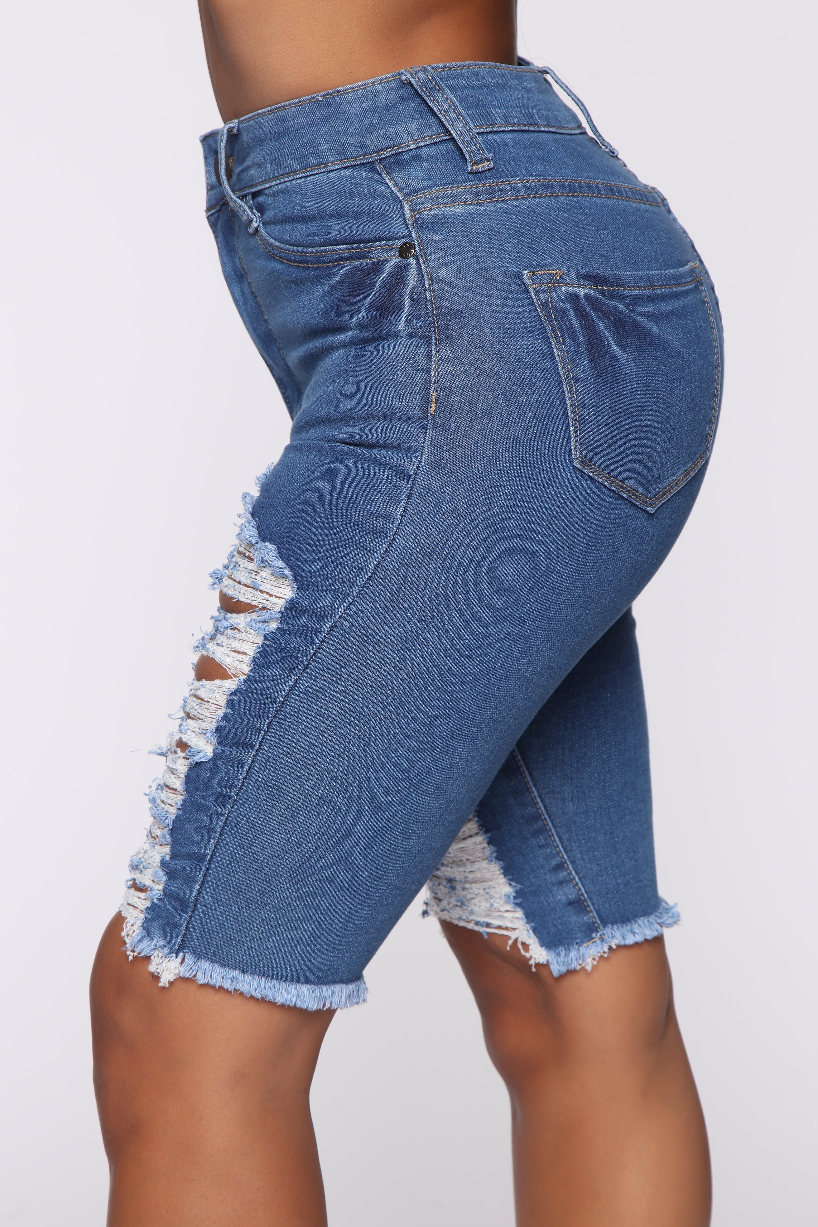 Mellow Out Distressed Bermuda Shorts - Medium Blue Wash Ins Street