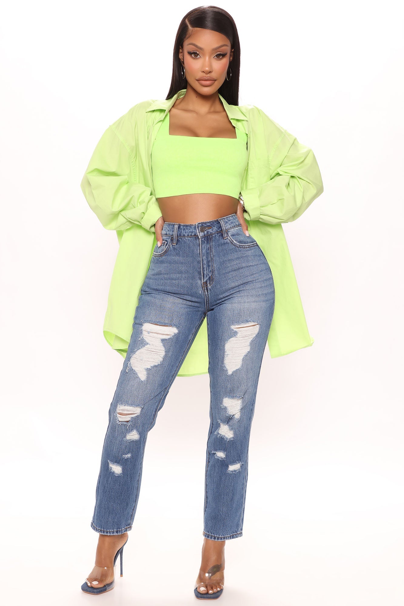 Picture This Distressed Straight Leg Jeans - Medium Blue Wash Ins Street